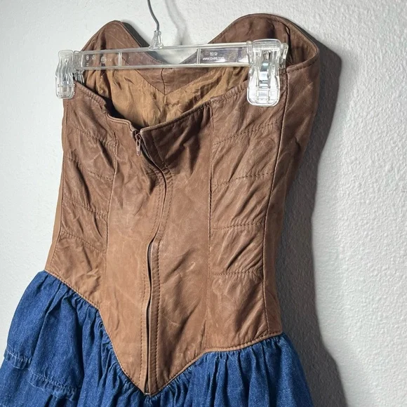Vintage Danna Strapless Leather and Denim Drop Waist Ruffle Tiered Mini Dress - Picture 4 of 7